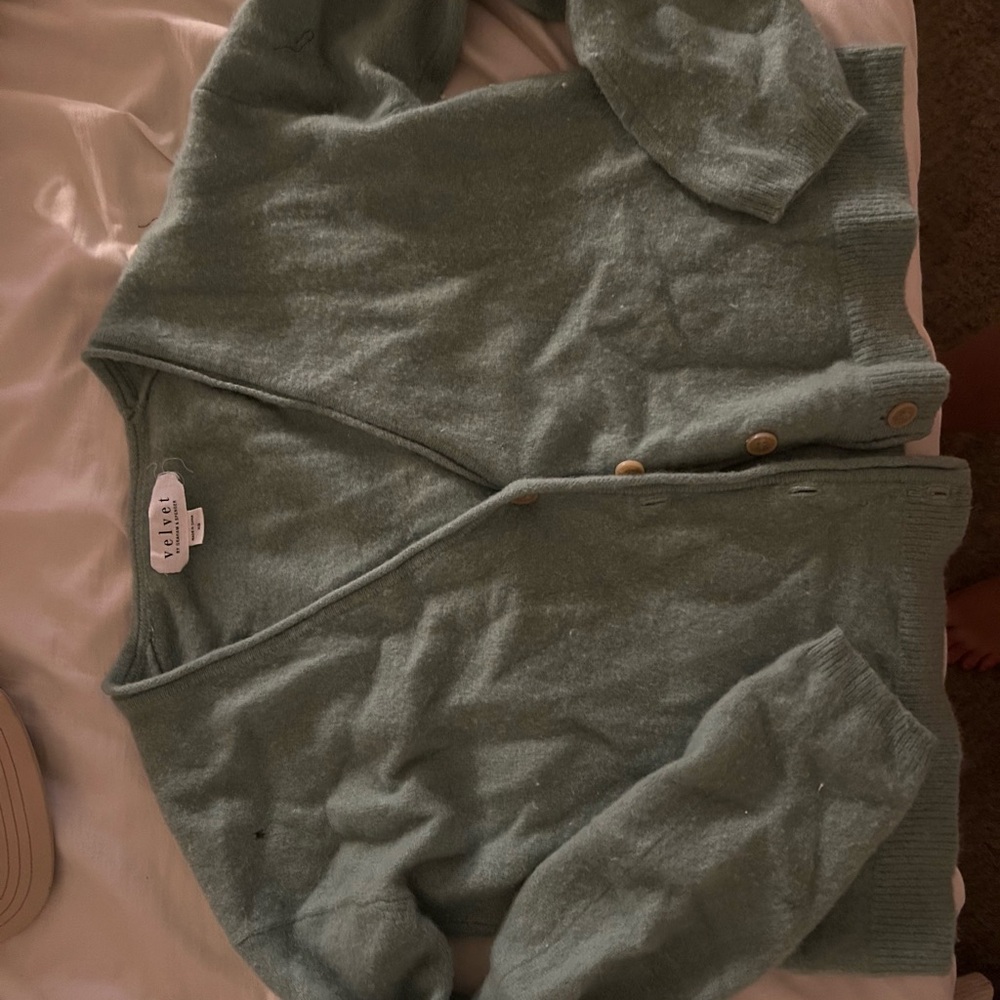 Velvet V-Neck Button Cardigan - Sage Green small imperfection